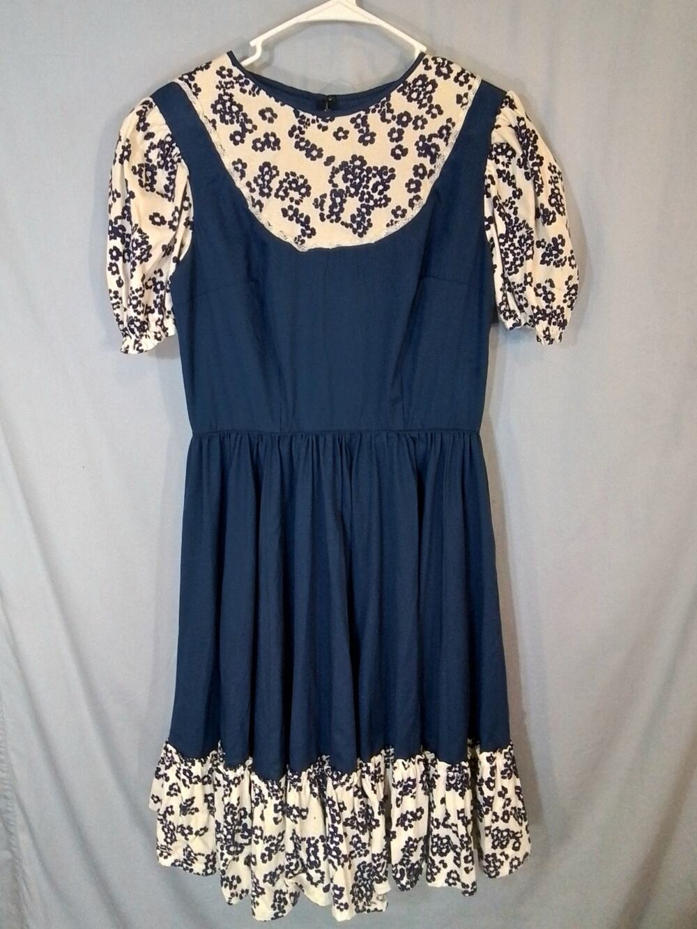 Handmaid dress, square dance, blue and white.